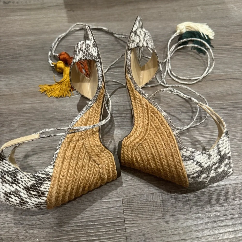 Jimmy Choo Deva 85 Roccia Snakeskin Leather Wrap Around Tassel Wedge Sandal